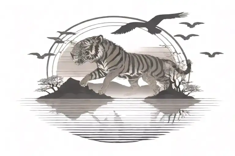 A serene evening landscape with a silhouette of a tiger head yawning  tattoo design idea