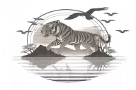 A serene evening landscape with a silhouette of a tiger head yawning  tattoo design idea