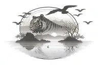 A serene evening landscape with a silhouette of a tiger head yawning  tattoo design idea