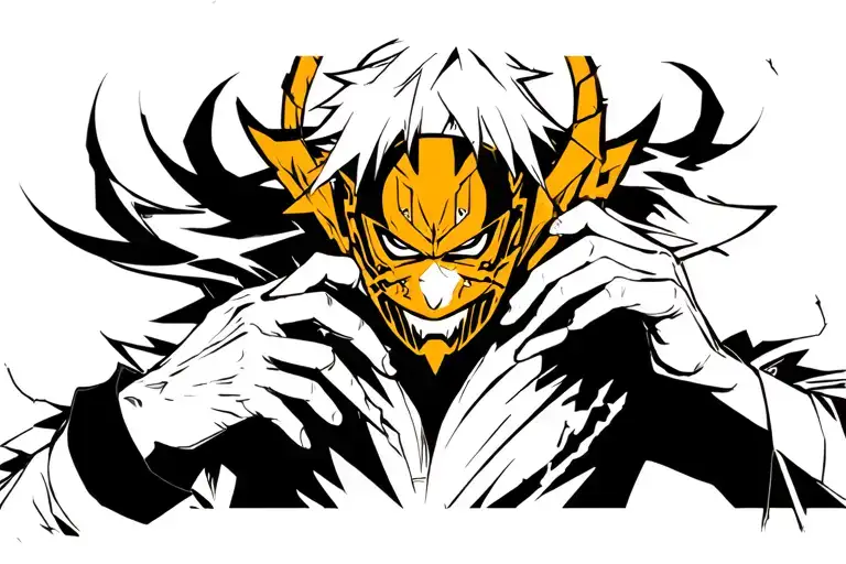 The demon with shinigami holds with his right hand the broken mask "Kid of Darkness" Gold as Sasuke from anime Naruto tattoo design idea