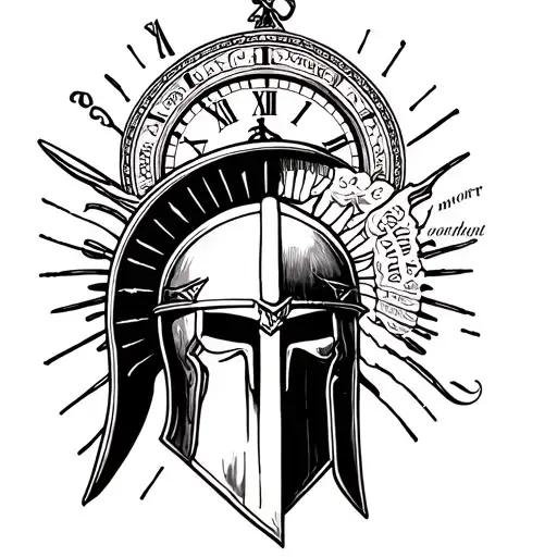 spartan helmet upper arm tattoo with Roman clock above it and momento mori written somewhere  tattoo design idea