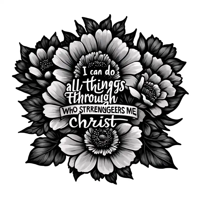 spine tattoo flowers intertwined into saying "I can do all things through Christ who strengthens me" tattoo design idea