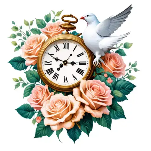 roses clock and dove sleeve  tattoo design idea