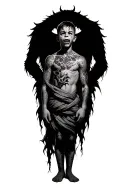 a young boy standing with a scary demon towering behind wrapped around his body tattoo design idea