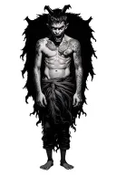 a young boy standing with a scary demon towering behind wrapped around his body tattoo design idea