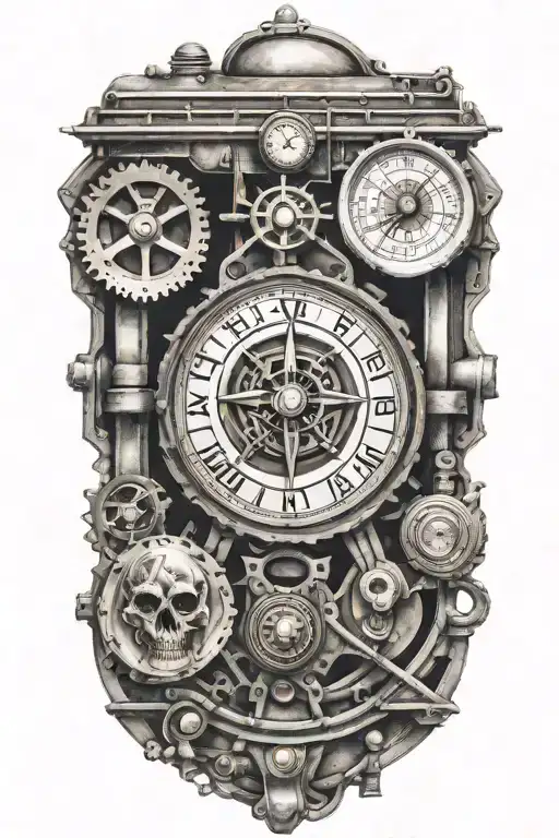 train tracks and a compass with skulls and engine camshafts harley davidson style tattoo design idea