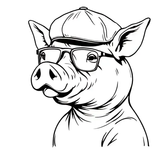 pig wearing a flat cap and sunglasses side profile tattoo design idea
