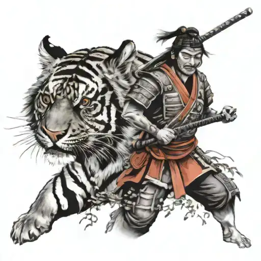 a samurai warrior in armour beside a tiger surrounded my music notes tattoo design idea