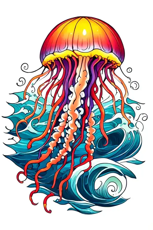 Traditional jellyfish tattoo on ocean waves, with red, yellow, and violet colors tattoo design idea