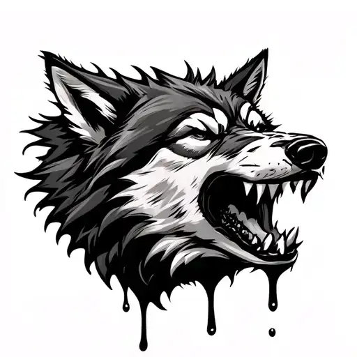 angry wolf side view mouth open teeth blaring and drool dripping realism tattoo design idea