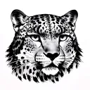 Snow leopard face tattoo. Winter themed mountain landscape in the background tattoo design idea