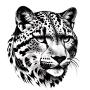 Snow leopard face tattoo. Winter themed mountain landscape in the background tattoo design idea