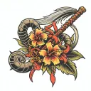 Two crossed brooms, scorpion crawling and red flower tattoo design idea