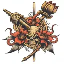 Two crossed brooms, scorpion crawling and red flower tattoo design idea
