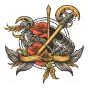 Two crossed brooms, scorpion crawling and red flower tattoo design idea