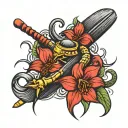 Two crossed brooms, scorpion crawling and red flower tattoo design idea