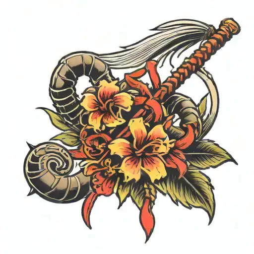 Two crossed brooms, scorpion crawling and red flower tattoo design idea