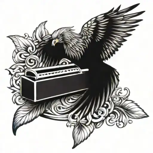 A harmonica merging with a phoenix, symbolizing the transformation and rebirth of music and knowledge tattoo design idea