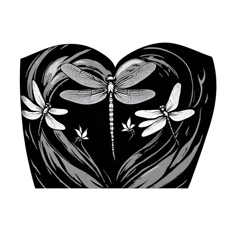 chest tattoo with dragonfly diving into heart and two dragonflies emerging from heart; fine line, minimalist  tattoo design idea
