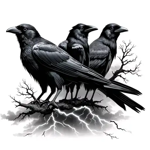 4 crows with trees and cloudy lightning storm  tattoo design idea