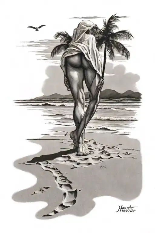 footprints in the sand poem written in elegant calligraphy with a picture of Jesus walking along the beach below it  tattoo design idea