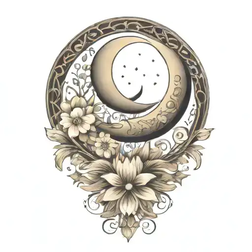 crescent moon, floral, symmetrical, art deco tattoo design idea