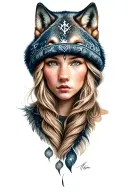 beautiful Nordic female with wolve as hat tattoo design idea