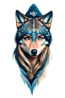 beautiful Nordic female with wolve as hat tattoo design idea