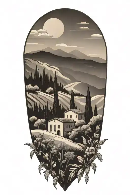 italian tuscany landscape with olive and cypress trees and flowers and compass  tattoo design idea