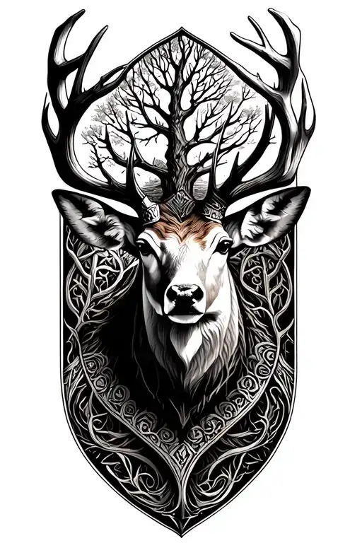 Scottish deer stag head and Norse tree of life tattoo design idea