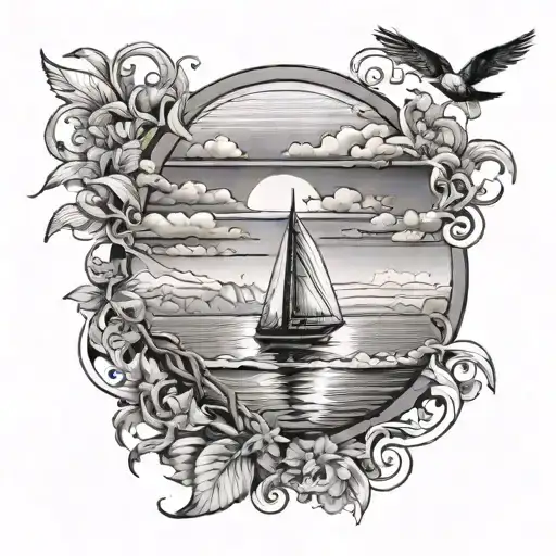 sunbeams at the top, coming down on a beach with a sail boat on the water. between the sunbeams and the beach a bird tattoo design idea