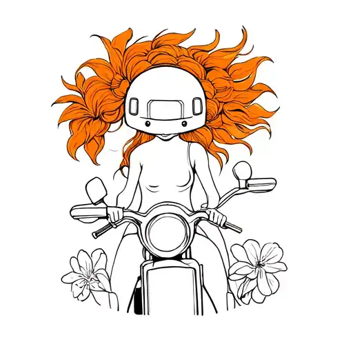 simplistic silhouette , ginger hair and helmet covering face girl on motorbike with chrry blossum tattoo design idea