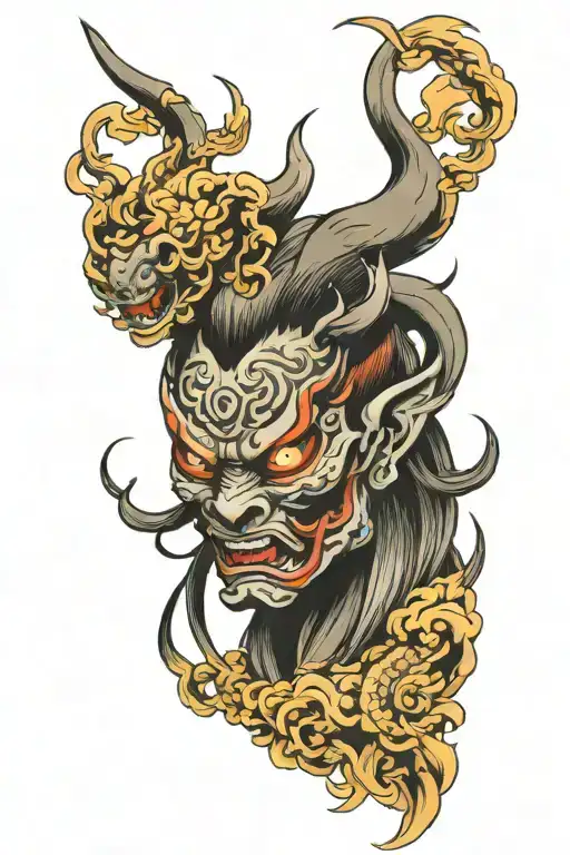 oni mask girl dragon flying tattoo design idea
