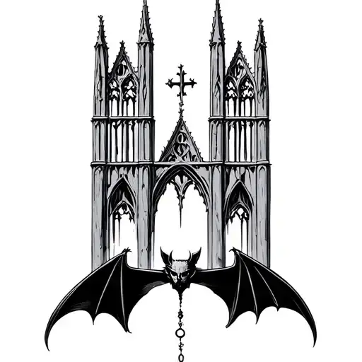 bat hanging from the bottom of a cathedral  tattoo design idea