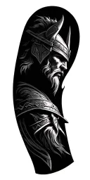 viking themed sleeve featuring geometric style filler. Include norse symbols and Odins head as the main focus. tattoo design idea