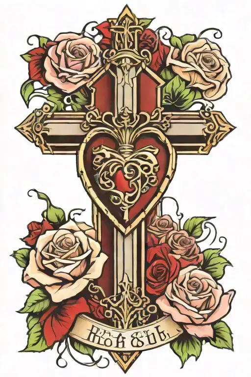 Romans 8:11 on top sacred heart of jesus cross surrounded by roses with thorns Romans 8:11 in a banner tattoo design idea