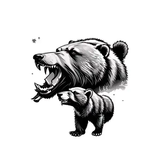Roaring bear head on the chest. forest, mountains and waterfall background. 2 bear cubs wrestling on the bicep.  tattoo design idea
