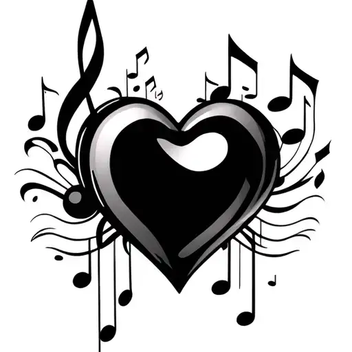 3d heart and music notes black and white tattoo design idea