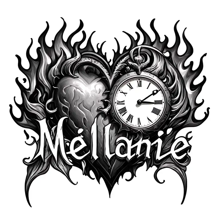 "Mélanie" clock heart in flame tattoo design idea