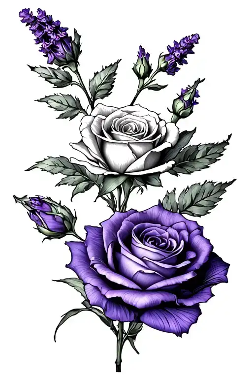 Lilien, lavender, whistle roses (open and closed and half open) tattoo design idea