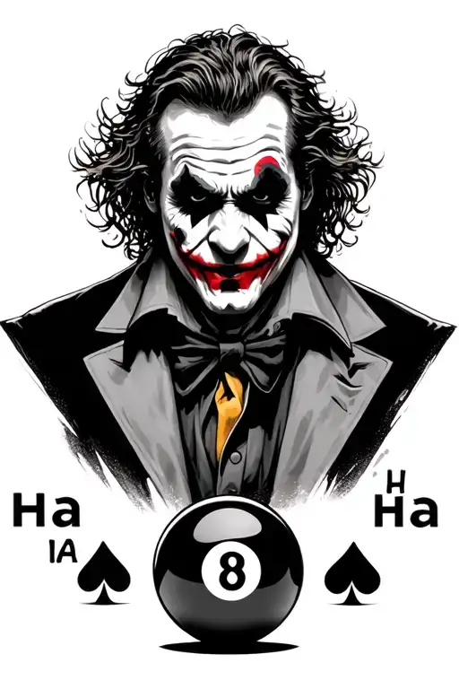 realistic heath ledger joker with one  hand  & 8 ball in front of him. surround the picture with ha ha ha ha tattoo design idea