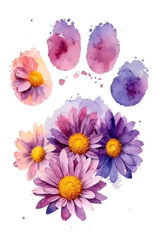 carnation violet aster chrysanthemum paw print surrounded tattoo design idea