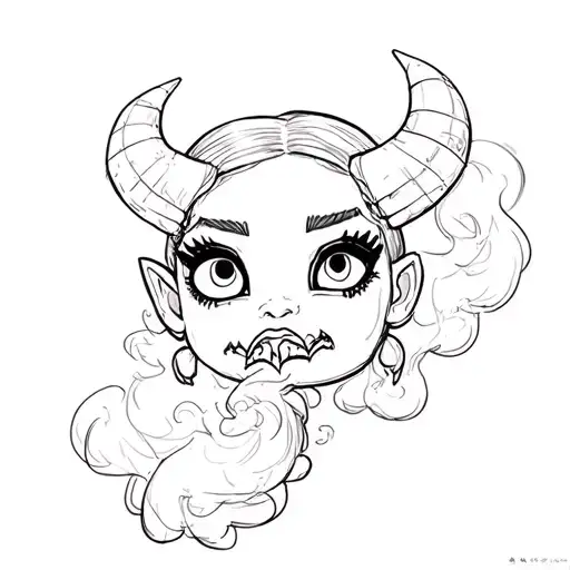 The face of the Papasoma Doll Bratz from the mouth of which there is smoke, the doll has demonic horns tattoo design idea