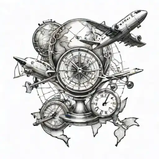 a tattoo with a globe, plane, compass, clock and a hourglass  tattoo design idea
