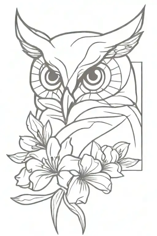 owl face with cosmo flower and gladiolus flower  tattoo design idea