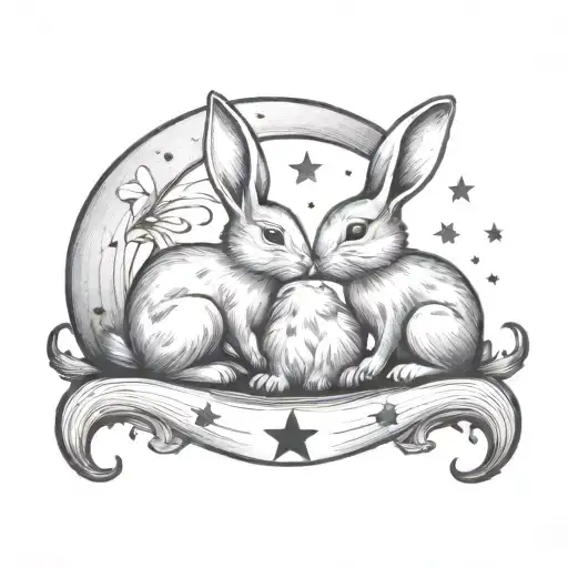 two bunnies, 4 stars and a half moon tattoo design idea