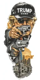 trump holding a gun city in background  tattoo design idea