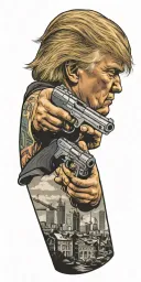 trump holding a gun city in background  tattoo design idea