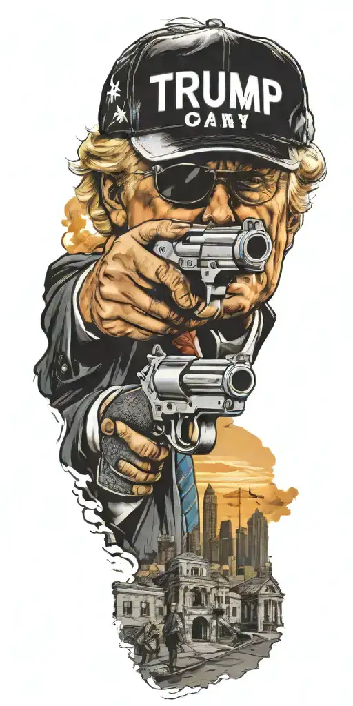trump holding a gun city in background  tattoo design idea