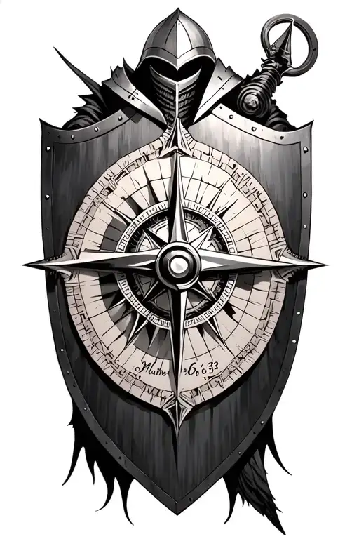 knight following a divine compass, have realistic detail and it should have Matthew 6:33 on the shield  tattoo design idea